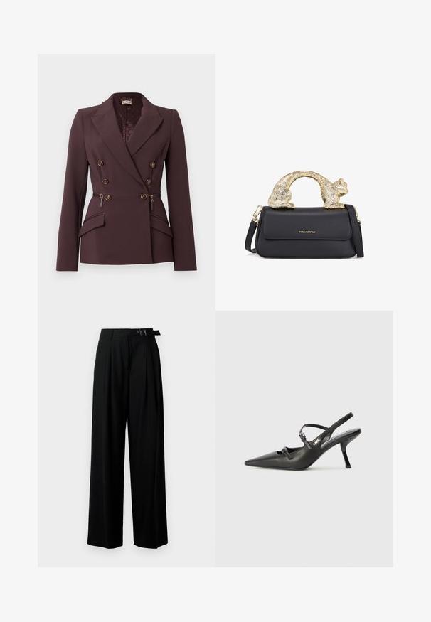 Divstāvu blazeri dziļi bordo audumā, ar zelta tonētiem pogām, strukturētām plecu daļām un sānu kabatām ar rāvējslēdzēju.; Melna īsā topiņa ar augstu kaklu, kurai ir sudraba mirdzošas vertikālas svītras, caurspīdīgas piedurknes un teksturēta auduma.; Melni plaši bikses ar augsto jostasvītru, priekšā ar krokojiem un jostu ar sprādzi. Izgatavotas no gludas, vieglas auduma.; Melnas ādas slingback papēži ar norādītu purngalu, izsmalcinātu papēdi un dekoratīvu sprādzi uz priekšpuses. Gluda tekstūra un elegants dizains.; Melnā ādas rokassoma ar zeltītu kaķa formas rokturi, ar priekšējo vāku, regulējamu siksnu un logo detaļu apakšējā priekšā.