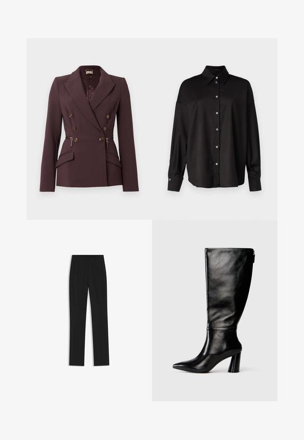 Double-breasted blazer in deep burgundy fabric, featuring gold-tone buttons, structured shoulders, and side zippered pockets.; DRYKORN LYSILA - Button-down blouse - black; Black tailored trousers with a straight-leg design, featuring front pockets and a smooth, textured fabric. Neat, minimal detailing.; Knee-high black leather boot with a pointed toe, smooth texture, and a chunky heel. Features a zipper detail at the back.