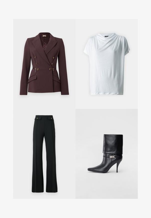 Dvouřadý blazer v hlubokém burgundském odstínu, s zlatými knoflíky, strukturovanými rameny a postranními kapsami na zip.; Bílé tričko s krátkým rukávem a volným výstřihem, vyrobené z lehkého materiálu. Hladký povrch, uvolněný střih a bez viditelných vzorů nebo doplňků.; Černé flared kalhoty s vysokým pasem, s předními švy a dvěma klopovými kapsami na pásu se zlatými knoflíky.; Černé kožené kotníkové boty s špičatou špičkou, vysokým stiletto podpatkem, ohrnovací manžetou a zlatým ozdobným přezkovým detailem na kotníku.