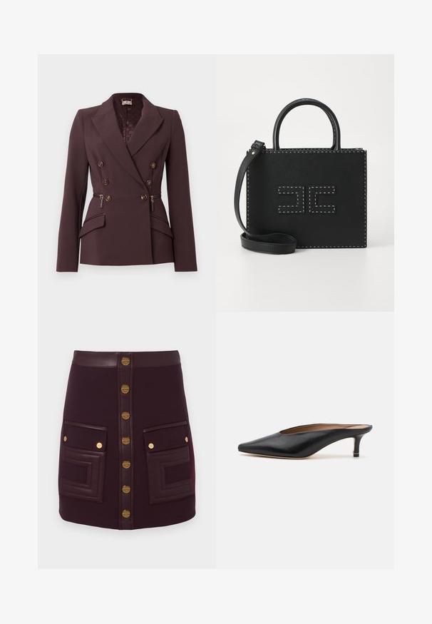 Dvigubos eilės klasikinis švarkas tamsiai bordo audiniu, su auksinėmis mygtukais, struktūrizuotomis pečių linijomis ir šoninėmis užtraukiamomis kišenėmis.; Juodas satino kamizolas su giliu iškirpimu, plonais petnešėlėmis ir glotni, blizganti tekstūra. Paprastas, klasikinis dizainas be dekoracijų.; Tamsiai violetinė mini sijonas su priekiniais auksiniais mygtukais, odiniu juosmeniu ir dviem didelėmis priekinių kišenėmis su odiniais apdailos elementais ir auksiniais mygtukais.; Juodi odiniai mulesai su smailiu pirštu ir žemu blokuotu kulnu. Lygi tekstūra su elegantišku dizainu. Atviras gale, su minimaliu dekoru.; Elisabetta Franchi WOMEN'S BAG - Rankinė - nero