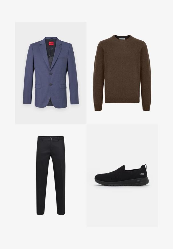 Námořnický modrý blazer vyrobený z hladké látky se strukturovaným designem, který má dvě přední kapsy a jedno tlačítko na zapínání. Uvnitř označen etiketa.; Hnědý pletený svetr s kulatým výstřihem, dlouhými rukávy, žebrovanými manžetami a lemem. Vyrobený z měkkého, strukturovaného materiálu. Žádné vzory ani akcenty nejsou viditelné.; Černé kalhoty na míru vyrobené z hladké látky, s knoflíkovým zapínáním, poutky na opasek a bočními kapsami, s rovně střiženými nohavicemi.; Černé nazouvací tenisky s prodyšným síťovaným svrškem, kulatou špičkou a polstrovanou gumovou podrážkou. Na boku se nachází logo.