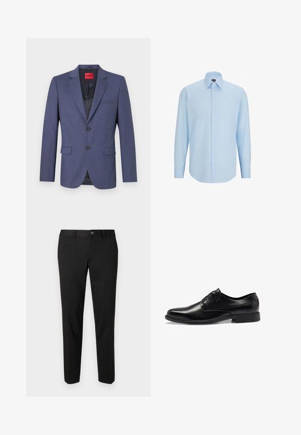 Navy blue blazer made of smooth fabric with a structured design, featuring two front pockets and a single button closure. Labeled inside.; Light blue long-sleeve dress shirt made of smooth fabric, featuring a button-down front, pointed collar, and regular fit.; Black trousers made of a smooth fabric. They feature a straight cut, a flat front, and a button closure with a simple waistband design.; Black leather dress shoe with a smooth finish, lace-up design, rounded toe, and subtle stitching details. Features a black rubber sole.