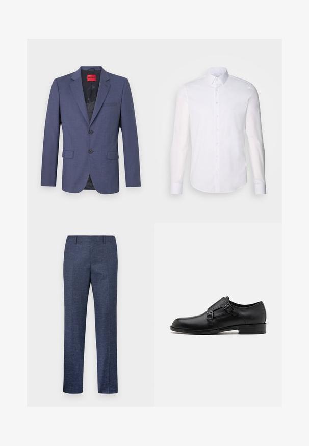 Donkerblauwe blazer van gladde stof met een gestructureerd ontwerp, voorzien van twee voorkruiskzakken en een enkele knoopsluiting. Van binnen gelabeld.; Witte lange mouwen overhemd met knopen, gemaakt van katoen, voorzien van een klassieke kraag, voorkant met knopen en minimale stikdetails.; Navyblauwe broek van een gestructureerde stof, met rechte pijpen, een vlakke voorkant en twee zijzakken. Geen zichtbare patronen of accenten.; Zwarte leren dresschoen met dubbele gespen, slank silhouet en ronde neus. Kenmerkt zich door een lage hak en een gladde textuur.