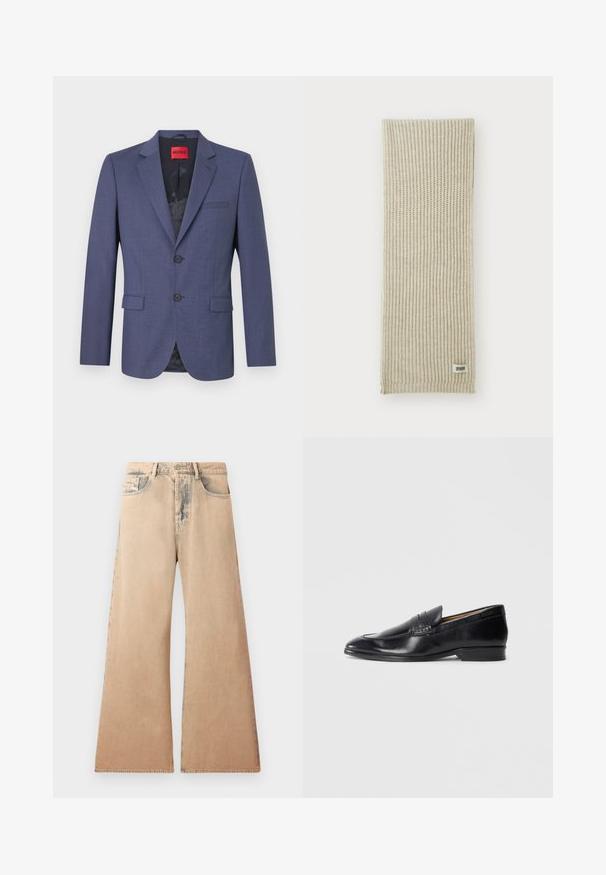 Navy blue blazer made of smooth fabric with a structured design, featuring two front pockets and a single button closure. Labeled inside.; White long-sleeve shirt made of textured fabric, featuring a classic collar, button front, and straight hemline, with a relaxed fit.; Beige wide-leg jeans with faded texture, five-pocket design, and stitched detailing along seams. Waist has a traditional button closure.; Black leather loafer with a smooth finish, pointed toe, and subtle stitching detail. Features a flat heel and embossed logo on the side.; Beige knitted scarf with vertical ribbing texture. Features a small fabric tag labeled "DRYARN" at one end. Soft, lightweight material.; Black tie with diagonal blue stripes, made from a smooth fabric. Features a tapered end and a knotted loop at the top.