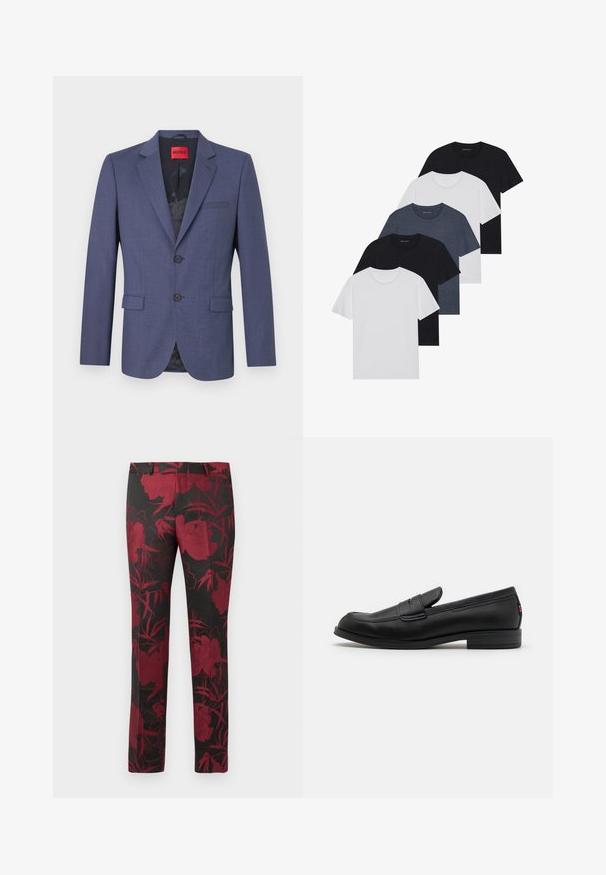 Sötétkék zakó sima anyagból, rendezett kialakítással, két elülső zsebbel és egy gombos záródással. Belső címkével ellátva.; Öt fekete, fehér és tengerészkék póló készlet. Pamut anyag, rövid ujjak, kerek nyakú dizájn és sima textúra minták nélkül.; Fekete nadrág mély vörös virágmintával, sima textúrával és szabott fazonnal. Szabványos derékpánt és egyenes lábujj design.; Fekete bőr loafer cipők sima felülettel, lekerekített orral és egy kis díszes hajtókával. Alacsony, rakott sarkú és diszkrét márkázási részletekkel rendelkezik.
