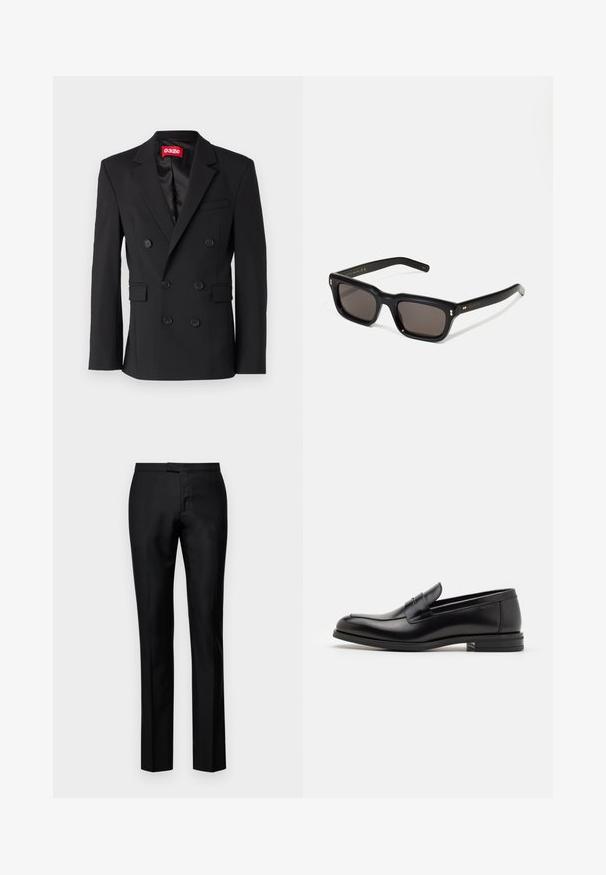 Sort dobbeltbrystet blazer lavet af glat stof. Har en pointed lapel, to forlommer og seks sorte knapper foran.; Langærmet grå skjorte med knapper, brystlomme og knap-nede krave, lagt fladt på en hvid baggrund.; Sorte skræddersyede bukser med en glat tekstur, lige ben-design, lynlås og almindelig talje, med diskrete forlommer.; Sorte læderloafers med en glat overflade, rund tå og en dekorativ strop over vampen. Lav hæl med stabeldesign, minimalistisk stil.; Sorte rektangulære solbriller med mørke glas, tyk plastisk ramme, guldtryk på stængerne og brandlogo indgraveret på armen.