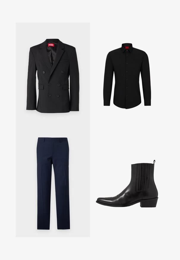 Czarny dwurzędowy żakiet wykonany z gładkiego materiału. Posiada klapy z wcięciem, dwie przednie kieszenie oraz sześć czarnych guzików z przodu.; Czarna koszula z długim rękawem, z zapinaniem na guziki z przodu, klasycznym kołnierzykiem i zaokrąglonym dołem; posiada czarne guziki i czerwone logo wewnątrz kołnierzyka.; Granatowe spodnie o dopasowanym kroju, z gładką fakturą, wyraźnymi kantami i płaskim przodem. Zamek błyskawiczny ukryty w kroku.; Czarne skórzane botki za kostkę z wąskim noskiem, elastycznymi bocznymi panelami, pionowymi przeszyciami i niskim słupkowym obcasem.