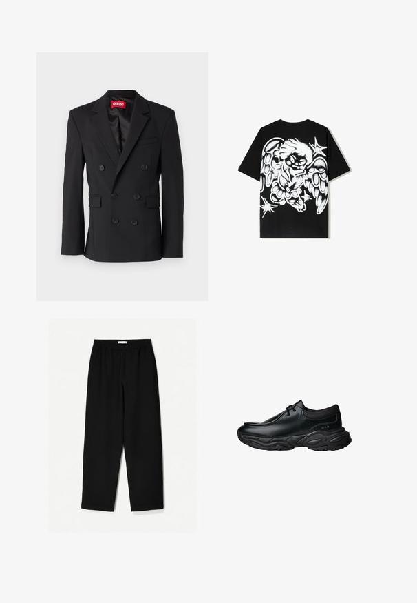 Sacou negru cu două rânduri de nasturi, confecționat dintr-un material neted. Prezintă rever cu tăietură, două buzunare frontale și șase nasturi negri pe față.; Tricou din bumbac negru, cu un design mare de înger în stil graffiti alb pe spate, având aripi detaliate și accente de stele.; Pantaloni negri, largi, confecționați dintr-un material ușor. Au o talie elastică și o textură netedă. Fără modele vizibile sau accesorii metalice.; Pantofi negri din piele, tip slip-on, cu vârf rotunjit și talpă din cauciuc texturat, gros. Prezintă cusături fine și accente elastice la guler.