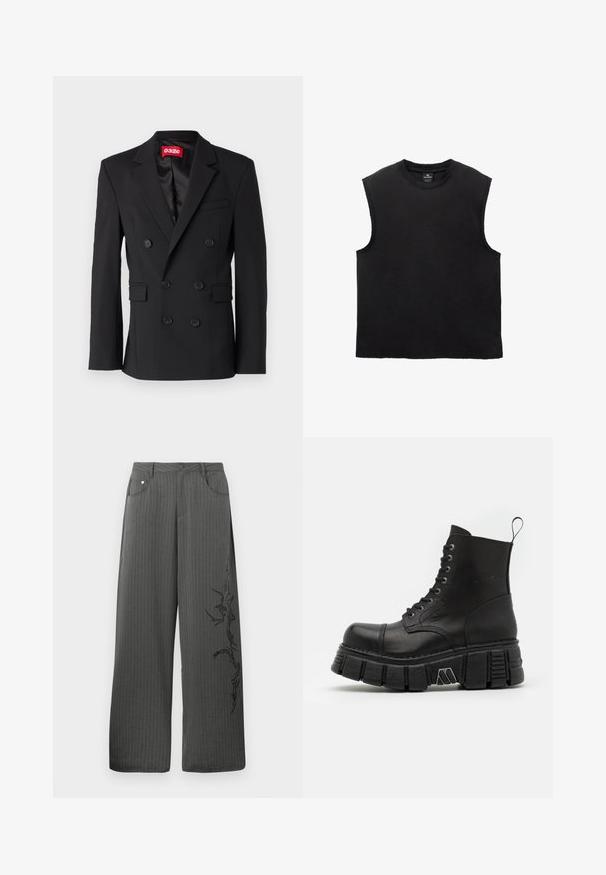 Sort dobbeltbrystet blazer lavet af glat stof. Har en pointed lapel, to forlommer og seks sorte knapper foran.; Sort ærmeløs bomulds t-shirt med rund halsudskæring, en afslappet pasform og syede detaljerne i sømmen. Glat tekstur, enkelt design.; Bredbenede, mørkegrå stofbukser med striber, som har forlommer og et sort dekorativt print på venstre side.; Sort læder ankelstøvle med en tyk, klodset sål, der har snørebånd og en løkke til at trække op bagpå. Struktureret overfladeaccent.