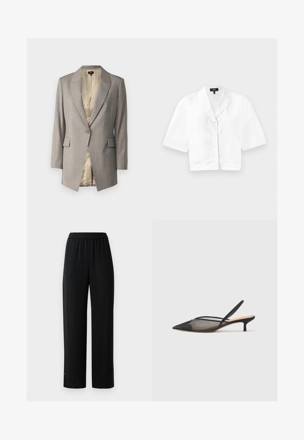 Theory ETIENNETTE - Blazer - cinder melange; White cropped short-sleeve button-up shirt with a pointed collar, featuring a subtle textured stitch along the hem and a smooth fabric finish.; Black wide-leg pants made of smooth fabric with an elastic waistband. Features a straight cut and minimal detailing. Suitable for casual wear.; NEOUS IRENA - Classic heels - black