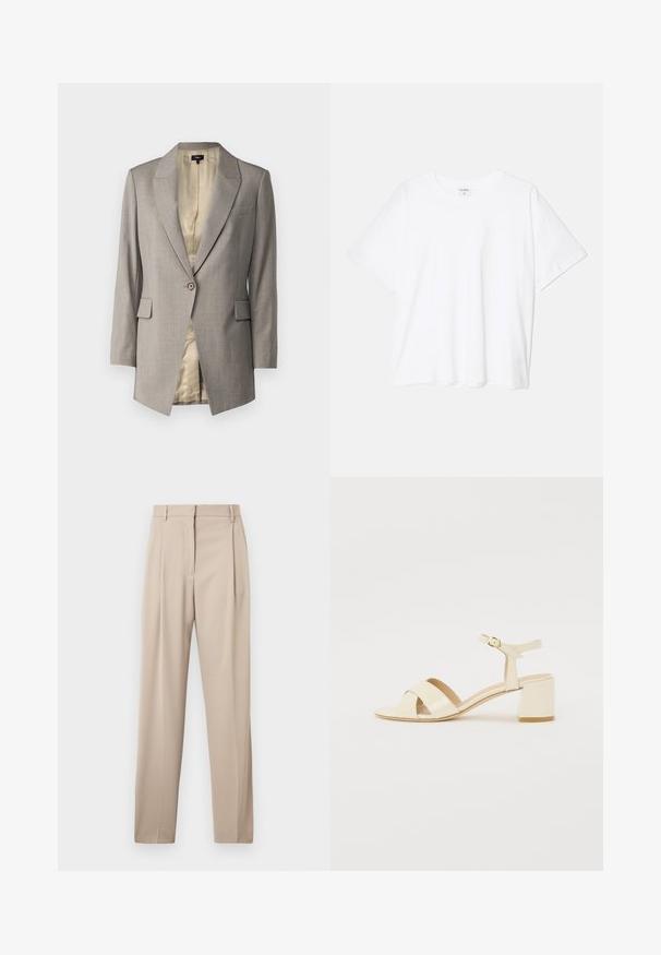 Theory ETIENNETTE - Blejzr - cinder melange; Bílý bavlněný tričko s krátkým rukávem, kulatým výstřihem, volným střihem a šitým lemem. Nálepka viditelná na vnitřní straně výstřihu.; Krémové kalhoty na míru se rovnými nohavicemi, s výpustkami vpředu a poutky na opasek, vyrobené z hladké tkaniny.; Beige lakované sandály na podpatku s křížovými pásky, otevřenou špičkou, nastavitelními nártními pásky a blokovým podpatkem. Hladký povrch.