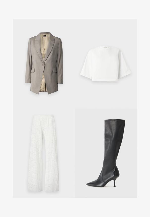 Theory ETIENNETTE - Bleiser - cinder melange; Valge lühikese varrukaga, lõdva istumisega, lühike t-särk, ümar kaelus ja küljetagused, valmistatud pehmest puuvillast materjalist.; Valge laia jala püksid, millel on elastne vöökoht, kaunistatud tekstuurse lillemustriga kogu kangas.; Knee-high mustad nahksaapad terava nina ja kitsaste stiilsete kontsadega. Sile tekstuur sobiva disainiga ja õmblused ülemisel serval.