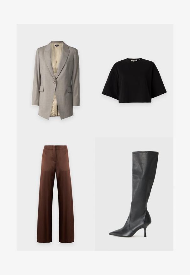 Theory ETIENNETTE - Sacou - cinder melange; Tricou negru scurt, confecționat din bumbac, cu guler rotund și mâneci scurte, largi, pentru un fit lejer. Textură netedă, design simplu.; Pantaloni largi maro, confecționați dintr-un material ușor și neted, având un front plat, fără buzunare și o siluetă dreaptă.; Botine din piele neagră, până la genunchi, cu vârf ascuțit și toc subțire stiletto. Textură netedă, cu un design ajustat și cusături la marginea superioară.