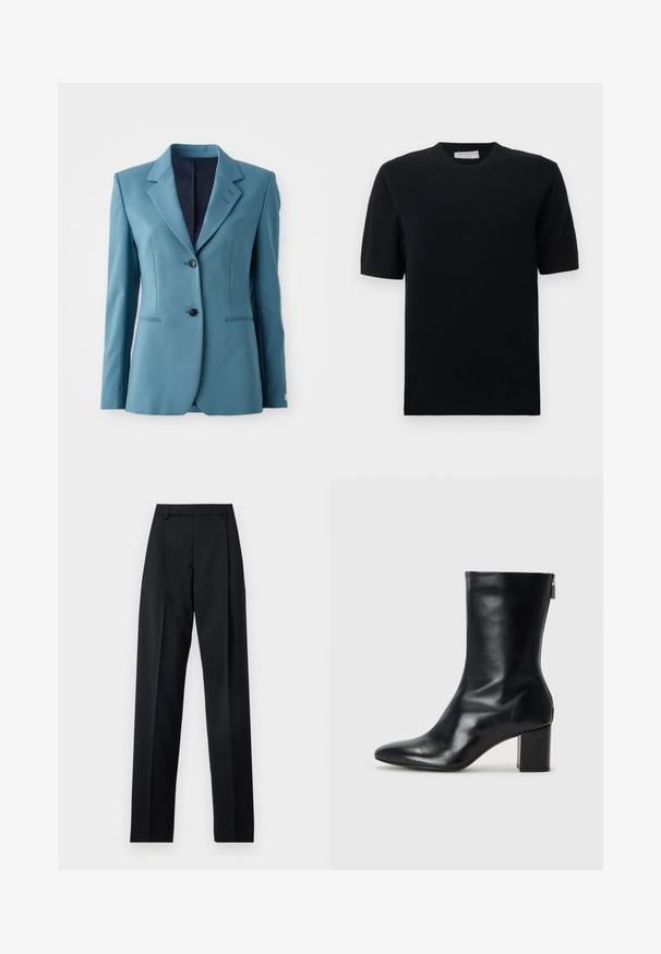 Zelenosiva blazer s strukturiranim dizajnom, reverima, dvema dugmadi i bočnim džepovima. Glatka tkanina s suptilnim sjajem. Podstavljena unutrašnjost.; Črni pulover s kratkimi rokavi, z rebrastim okroglim izrezom in robom, izdelan iz gladkega pletenega blaga s klasično, prilegajočo se obliko.; Črne hlače iz gladkega materiala, ki imajo visok pas, široke noge, sprednje nabore in klasične zanke za pas. Nevidni stranski žepi.; Črne usnjene gležnjarje s koničastim nosom in 4 cm širokim peto. Elegantna zasnova vsebuje stranski zadrgo za enostavno obuvanje. Gladka tekstura.