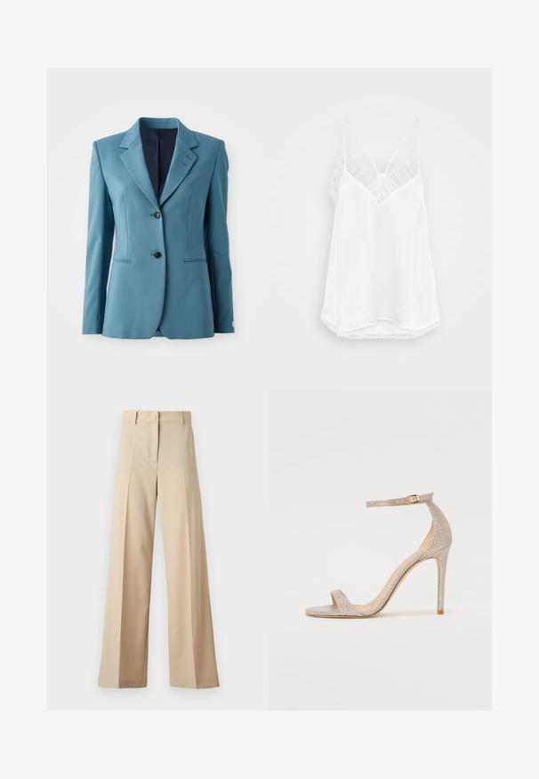 Türkiz zakó, strukturált kialakítással, bevarrott hajtókákkal, két gombbal és oldalsó zsebekkel. Simasága visszafogott fényt tükröz. Béléses belső rész.; Fehér pántos top V-nyakkivágással, vékony pántokkal, texturált csipke díszítéssel a vállaknál és ívelt szegéllyel. Simás anyagfelület.; Beige színű, bő szabású nadrág sima anyagból, lapos elejével, redőkkel, cipzáras záródással és övhurkokkal. Összességében testreszabott szabású.; Fém rózsaarany színű, pántos magassarkú szandál, texturált felsőrésszel, nyitott orral és arany csattal díszített bokapánttal.