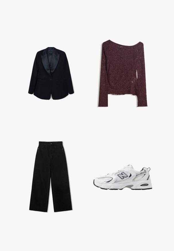 Blazer nero con rever in satin, due tasche frontali, chiusura a un bottone e texture in tessuto liscia. Etichetta con la scritta "CALLIOPE."; Top in pizzo a maniche lunghe di un profondo bordeaux, con scollatura a spalle scoperte, motivi floreali e una texture leggermente trasparente con orlo dritto.; Jeans neri a gamba larga in denim con vita alta, dotati di un design a cinque tasche e una chiusura con un solo bottone nella parte anteriore.; Scarpa sportiva bianca con tomaia in mesh, dettagli in blu marino e suola imbottita. Presenta il logo "N", lacci e dettaglio texturizzato sul lato.