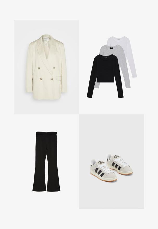 Dubbelt knäppt kavaj i krämfärgad linne med spetsiga slag, två framfickor och metallicknappar. Rak silhuett och jämn textur.; Tre långärmade tröjor staplade: svart, grå och vit. Var och en har en rund halsringning och en kort design med mjukt, lätt material.; Svarta flare leggings tillverkade av elastisk tyg. Har en bred midja och en slät yta, med en åtsittande silhuett som flares vid fållen.; Grå mocka sneakers med vita snören, svarta ränder och en vit gummisula. Har en rund logo på tungan och en gummisula.