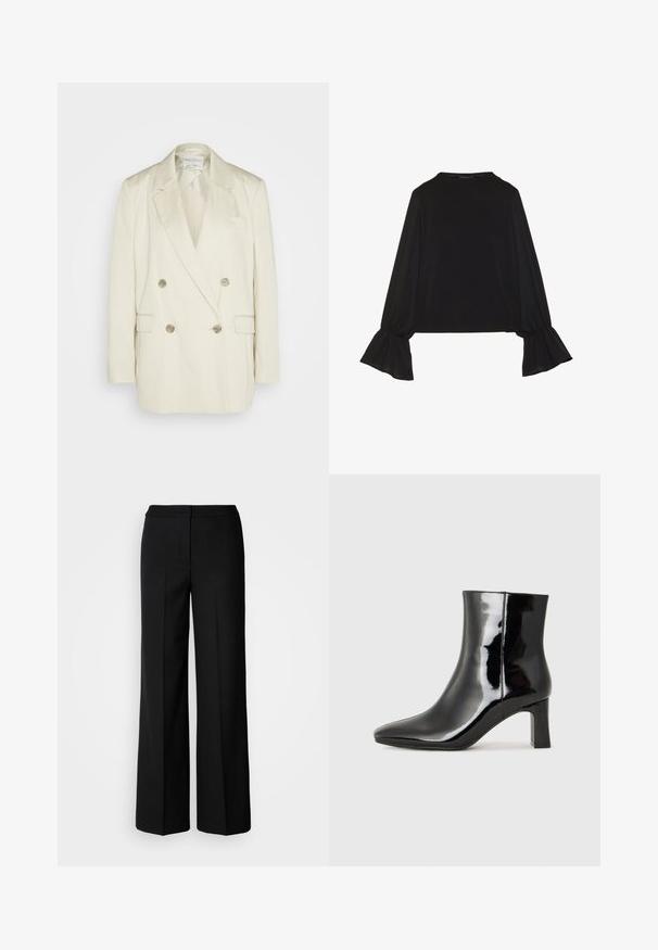 Kreemi linast kahe reeliga bleiser, millel on teravad kraed, kaks esist pockets ja metallnööbid. Sirge siluett ja sile tekstuur.; Mustsärgid musta tooniga, pika varrukaga, flöödid käised, pehme tekstuur ja vabalt langev lõige, lihtsa ümaraga kaelusega.; Mustad laiad püksid siledast kangast, millel on kõrge vöökoht, kohandatud õmblused ja minimalistlik kujundus. Ei ole nähtavat riistvara ega taskuid.; Must-sinine nahkjalats musta läikiva viimistlusega, millel on terav nina ja keskmise kõrgusega plokk konts. Sile tekstuur ja minimalistik disain.
