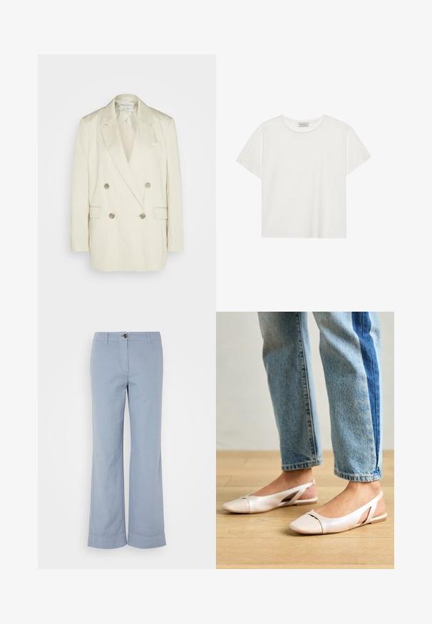 Kétgombos krémszínű len blézer csúcsos hajtogatókkal, két elülső zsebbel és fémből készült gombokkal. Egyenes sziluett és sima textúra.; Fehér, rövid ujjú póló, puha pamutból készült. Kerek nyakkivágással és laza szabással rendelkezik. Tiszta dizájn, látható minták vagy díszítések nélkül.; Világoskék vászon nadrág egyenes szárakkal, gombos záródással és felhajtott szegéllyel. Simás textúra, hétköznapi viseletre tervezve.; Világos rózsaszín slingback laposlábú cipők, hegyes orral, sima bőrhatású anyagból készült. Oldalt kivágott részletek találhatók rajta, valamint lapos sarkú.
