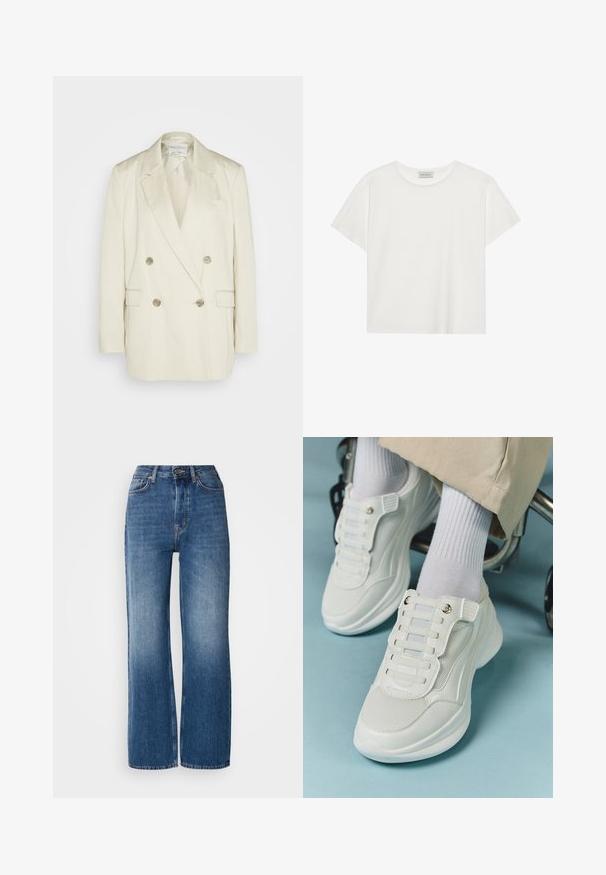 Blazer duplo em linho creme com lapelas pontiagudas, dois bolsos frontais e botões metálicos. Silhueta reta e textura suave.; T-shirt branca de manga curta feita de algodão macio. Apresenta um decote redondo e um corte descontraído. Design limpo sem padrões ou detalhes visíveis.; Jeans de ganga azul de cintura alta e pernas largas com um efeito de lavagem em gradiente, costuras cobre, fecho frontal com botão e cinco bolsos.; Tênis brancos com material em rede, sola de borracha, design sem atacadores com faixas elásticas e detalhes em tom dourado.