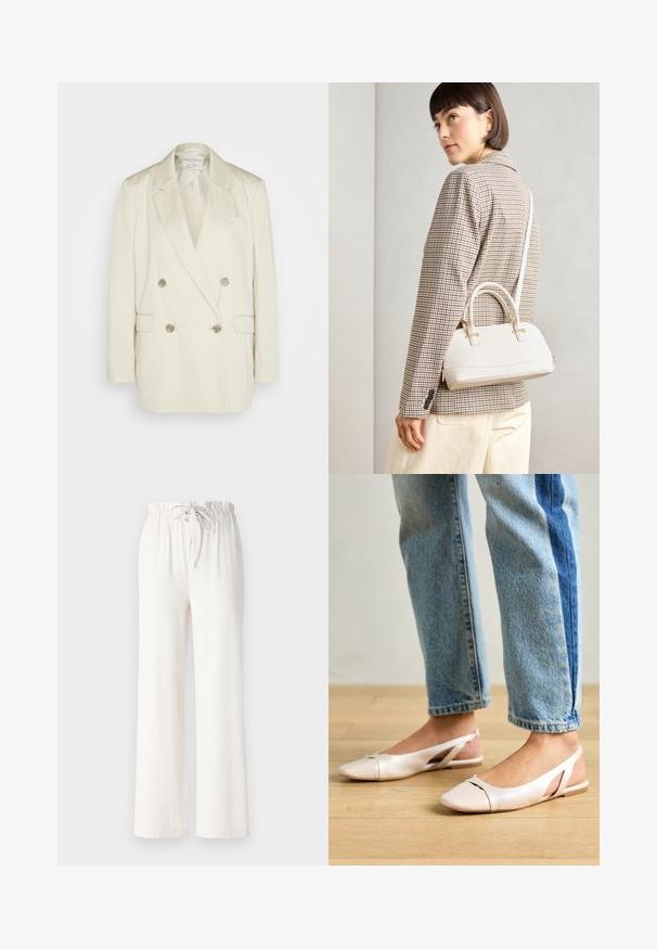 Dobbeltspent blazer i kremfarget lin med spisse lapeller, to frontlommer og metallknapper. Rett silhuett og glatt tekstur.; Hvit T-skjorte med kort erm laget av myk bomull. Har rund hals og avslappet passform. Rent design uten synlige mønstre eller aksenter.; Hvite vide bukser laget av myk stoff, med snor i livet og jevn tekstur. Ingen mønstre eller dekorasjoner synlige.; Lys rosa slingback leiligheter med spiss tå, laget av et glatt, læraktig materiale. Har utskjæringer på sidene og lav hæl.; Hvit strukturert håndveske med korte håndtak og skulderreim, med detaljer i gullfinish og teksturert materiale, vist mot en grå bakgrunn.