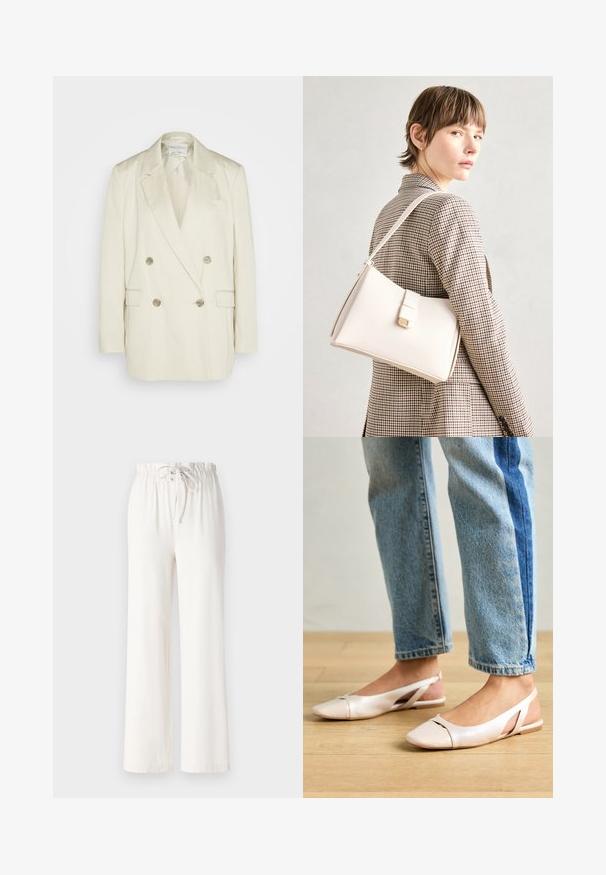Blazer dublu încrețit din in crem, cu rever ascuțit, două buzunare frontale și butoane metalice. Siluetă dreaptă și textură netedă.; Tricou alb cu mânecă scurtă, made din bumbac moale. Are un guler rotund și o croială lejeră. Design curat, fără modele sau accente vizibile.; Pantaloni albi cu picioare largi, confecționați dintr-un material moale, având un brâu cu șnur și o textură netedă. Fără modele sau embellishments vizibile.; Sandalete plate de un roz pal cu vârf ascuțit, realizate dintr-un material asemănător pielii, neted. Prezintă detalii decupate pe laterale și un toc plat.; Geantă de mână din piele albă cu un design structurat, având o închidere magnetică și un breteau, expusă pe un fundal neutru.