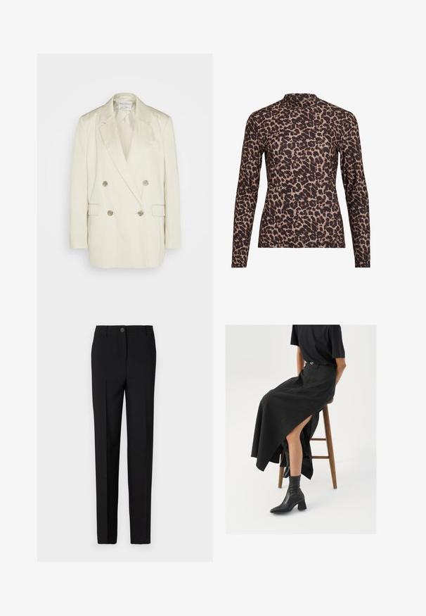 Double-breasted blazer in cream linen with peak lapels, two front pockets, and metallic buttons. Straight silhouette and smooth texture.; Leopard print long-sleeve top with a high neckline, made of stretchy fabric. Features a tan base with brown spots. Smooth texture, fitted design.; Black tailored trousers with a straight leg design, featuring a button fastening and belt loops, made from smooth fabric.; Black linen maxi skirt with a high slit, worn with a black t-shirt and black ankle boots. Minimalistic design with a relaxed fit.
