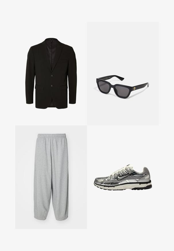 Zwarte op maat gemaakte blazer met een gladde textuur, twee knopen, gekartelde revers en zijzakken. Volledig gevoerde binnenkant, minimalistisch ontwerp.; Zwarte hoodie met een voorzijde afbeelding van een silhouet tegen een gestructureerde achtergrond, met witte accenten op de mouwen en een kangoeroezak.; Lichtgrijze, loszittende sweatpants gemaakt van zachte stof. Elastische tailleband en boorden bij de enkels. Eenvoudig en onversierd ontwerp.; Zilveren en zwarte sportschoen met een bovenwerk van mesh en synthetisch materiaal, een volumineus ontwerp en een gestructureerde afwerking. Voorzien van een gevoerde kraag en een rubberen zool.; Zwarte rechthoekige zonnebril met een glanzende afwerking, donkere lenzen en goudkleurige accenten op de poot met het logo.