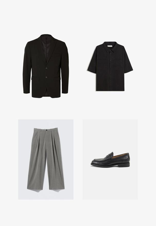 Černá saka na míru s hladkým povrchem, dva knoflíky, klopové límce a postranní kapsy. Plně podšité, minimalistické designové detaily.; Černá polokošile s krátkým rukávem, límečkem, dvěma předními kapsami, zapínáním na knoflíky a hladkým textilním materiálem.; Šedé pruhované široké kalhoty s předními záhyby, poutky na opasek, bočními kapsami a černým knoflíkem na zapínání.; Černé kožené mokasíny s hladkým povrchem, zaoblenou špičkou a dekorativním prošíváním na svršku. Nízký podpatka a mírný lesk.