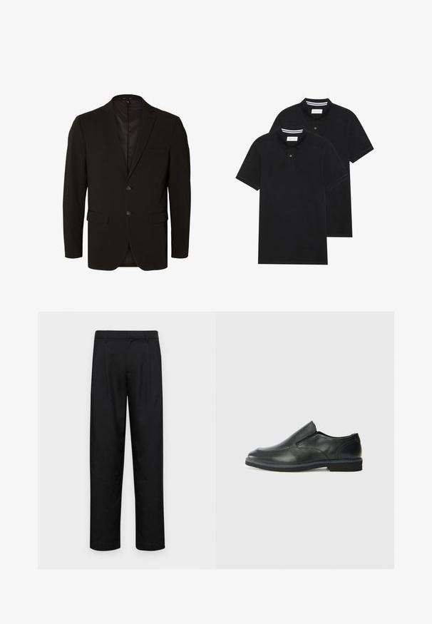 Zwarte op maat gemaakte blazer met een gladde textuur, twee knopen, gekartelde revers en zijzakken. Volledig gevoerde binnenkant, minimalistisch ontwerp.; Twee zwarte polo shirts, met korte mouwen, van katoen, met een klassieke kraag, een knoopsluiting met twee knopen en witte gestreepte accenten aan de binnenkant van de kraag.; Zwarte broeken van gladde stof, met een recht model, twee voorknikken en een standaard tailleband met riemlussen.; Zwarte leren instapper met een soepele bovenkant, gestikte accenten, ronde neus en een lage rubberen hak. De zool heeft minimale profiel.