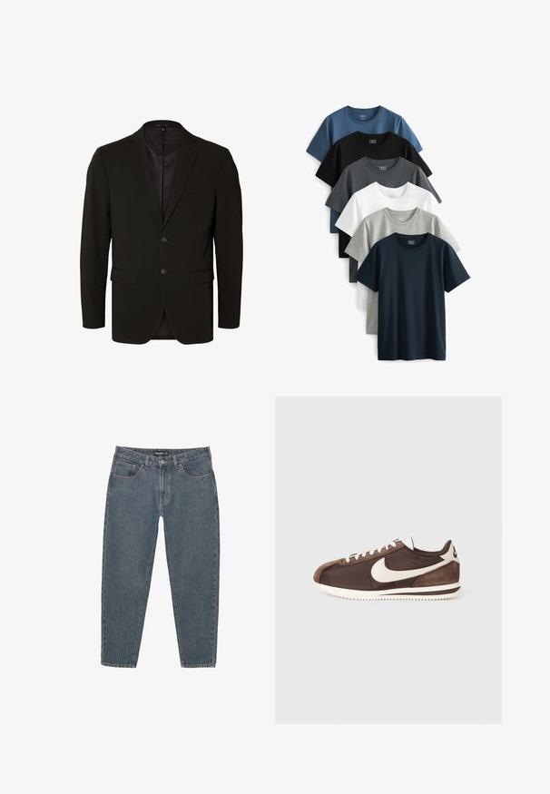 Zwarte op maat gemaakte blazer met een gladde textuur, twee knopen, gekartelde revers en zijzakken. Volledig gevoerde binnenkant, minimalistisch ontwerp.; Zes t-shirts met korte mouwen gestapeld. Kleuren zijn marineblauw, zwart, groen, wit, lichtgrijs en donkergrijs. Gemaakt van katoen.; Donkerblauwe spijkerbroek met een relaxte pasvorm, vijf zakken, knoopsluiting en een licht rafelrandje. Duurzaam materiaal met een subtiele textuur.; Bruine sneaker met een mix van suede en canvas materialen, voorzien van een witte Nike swoosh logo en een getextureerde rubberen buitenzool.