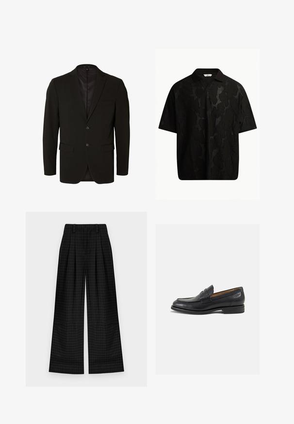 Black tailored suit jacket with a smooth texture, two buttons, notch lapels, and side pockets. Fully lined interior, minimal design details.; Black short-sleeve polo shirt featuring a textured, abstract pattern. The collar is flat and slightly open, enhancing the relaxed design.; Black checkered wide-leg trousers with pleats, featuring a smooth texture and classic design. Lightweight fabric for comfort.; Black leather loafers with a smooth finish, rounded toe, and decorative stitching on the vamp. Low stacked heel and slight shine.