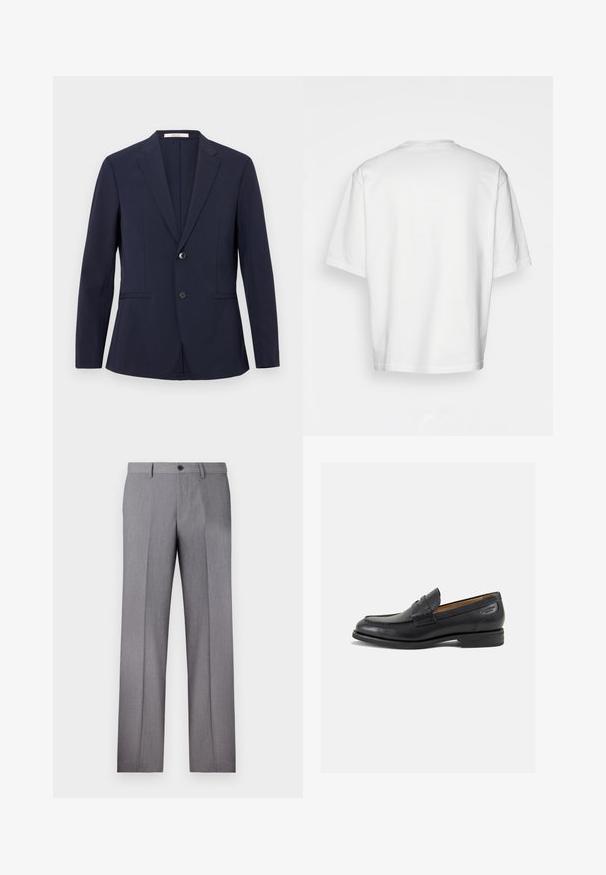 Blazer blu navy realizzato in tessuto liscio, caratterizzato da una chiusura a un bottone, rever a punta e due tasche frontali. Linee pulite e vestibilità su misura.; T-shirt bianco a maniche corte, vestibilità ampia, collo rotondo, in morbido cotone, retro senza decorazioni, orlo dritto, senza fantasie o dettagli.; Pantaloni grigi su misura con frontale piatto, due tasche laterali e chiusura a un bottone. Tessuto liscio con un sottile motivo a righe verticali.; Mocassini in pelle nera con finitura liscia, punta arrotondata e cuciture decorative sulla tomaia. Tacco basso impilato e leggero lucido.