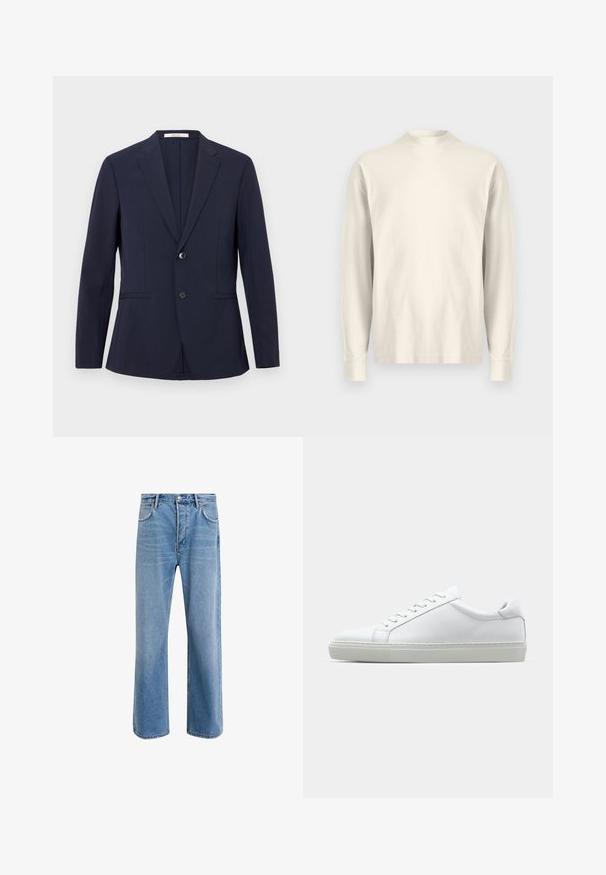 Marineblauer Blazer aus glattem Stoff, mit einem Ein-Knopf-Verschluss, Reverskragen und zwei Vorderaschen. Klare Linien und taillierte Passform.; Langärmliges Shirt mit Stehkragen aus leichtem cremefarbenem Baumwollstoff. Glatte Textur, lockere Passform, minimalistisches Design, keine sichtbaren Muster oder Akzente.; Helle blaue Jeans im Geradeschnitt-Design, mit fünf Taschen, Knopfverschluss, minimaler Ausbleichung und kontrastierenden Nähdetails.; Weißer Sneaker mit glattem Lederobermaterial und niedrigem Profil. Verfügt über eine runde Zehenpartie, sechs Ösen und eine strukturierte Gummisohle.