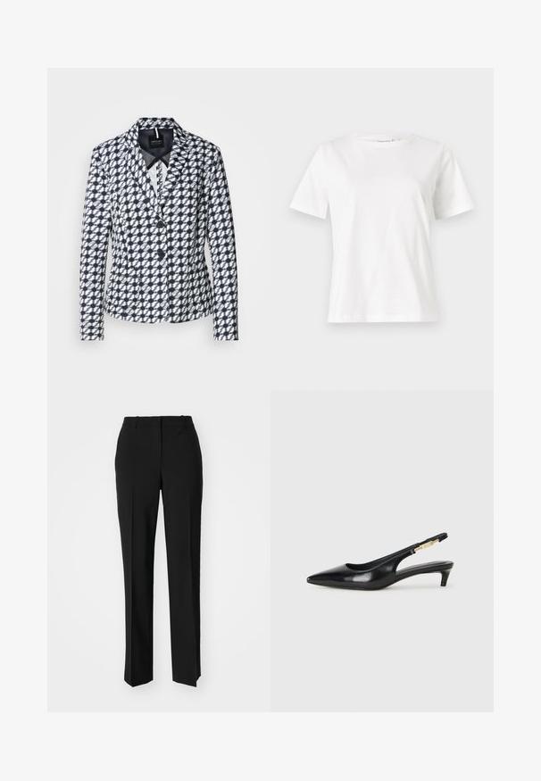 Blazer a righe blu e bianche con design aderente, revers a punta e due bottoni. Presenta tasche laterali e una fodera liscia.; T-shirt bianca in cotone con maniche corte, scollatura rotonda e vestibilità rilassata. Struttura liscia, senza motivi né accenti, design minimalista.; Pantaloni neri su misura con un design a gamba dritta, caratterizzati da una texture liscia e pieghe ben definite sul davanti. Senza hardware visibile.; Tacchi slingback in pelle nera con punta affusolata, caratterizzati da un tacco alto e un accento dorato sulla cinghia regolabile. Texture liscia.