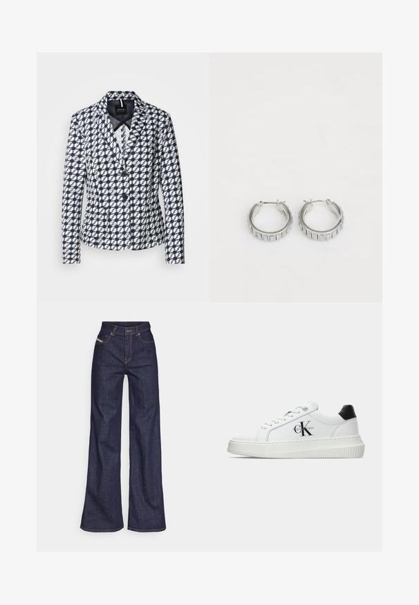 Blazer a righe blu e bianche con design aderente, revers a punta e due bottoni. Presenta tasche laterali e una fodera liscia.; T-shirt bianca in cotone con un'illustrazione stampata di due donne in stili di moda urbana con un cane su un attraversamento pedonale e edifici della città.; Jeans a gamba larga di denim blu scuro con vita alta, caratterizzati da cuciture arancioni, design a cinque tasche e chiusura con bottone.; Sneaker bassa bianca con tassello nero sul tallone, suola a piattaforma, lacci e logo "CK" di Calvin Klein sul lato.; Orecchini a cerchio in argento con un design testurizzato caratterizzato da scanalature verticali. Forma circolare con una chiusura a scatto sicura. Finitura liscia.