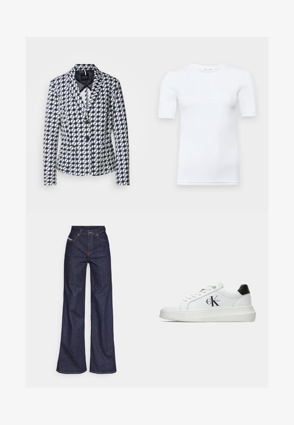 Blazer com padrão azul-marinho e branco, com um design ajustado, lapelas notched e dois botões. Apresenta bolsos laterais e um forro suave.; T-shirt branca de manga curta feita de algodão. Apresenta um decote redondo e uma textura suave, com costuras mínimas visíveis na barra.; Jeans de perna larga azul escuro em tecido de denim com alta cintura, apresentando costura laranja, design de cinco bolsos e fecho de botão.; Sapatilhas brancas de cano baixo com aba preta no calcanhar, sola tipo plataforma, cordões e logo "CK" da Calvin Klein na lateral.
