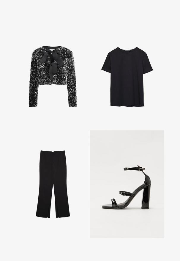 Schwarze Pailletten-Cropped-Jacke mit langen Ärmeln, die an Hals eine Schleifenbindung hat und ein glattes Innenfutter besitzt.; Einfaches schwarzes T-Shirt aus Baumwolle mit kurzen Ärmeln und Rundhalsausschnitt, auf einem weißen Hintergrund dargestellt.; Schwarze Hose mit geradem Schnitt, ausgestattet mit Fronttaschen und Seitenschlitzen am Saum. Hergestellt aus weichem, glattem Stoff. Geeignet für verschiedene Anlässe.; Schwarze Lackleder-Sandalen mit hohen Absätzen, zwei Riemen mit Schnallen, quadratischer Zehenpartie und klobigem Blockabsatz, mit einer glatten, glänzenden Textur.