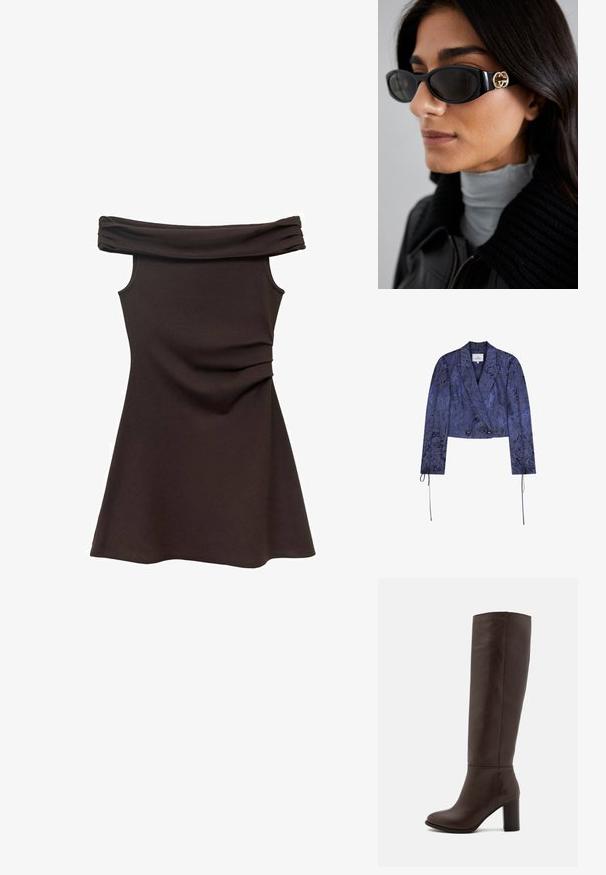 Ge cropped jack in donkerblauwe stof met een gestructureerd bloemenpatroon, dubbelzijdig ontwerp en strikjes bij de mouwen.; Bruine off-the-shoulder jurk met een aansluitende bodice, zachte stof en geplooide details op de taille, die uitloopt in een rokje in skaterstijl.; Bruine leren kniehoog laars met een blokhak, gladde textuur, ronde neus en minimale stikseldetails.; Zwarte zonnebril met een stijlvolle rechthoekige montuur en een gouden logo-accent aan de zijkant. Donkere lenzen en een glanzende afwerking zijn opvallend.; Bruine suède handtas met twee stevige handvatten, een rechthoekige vorm en een decoratieve band over de voorkant.