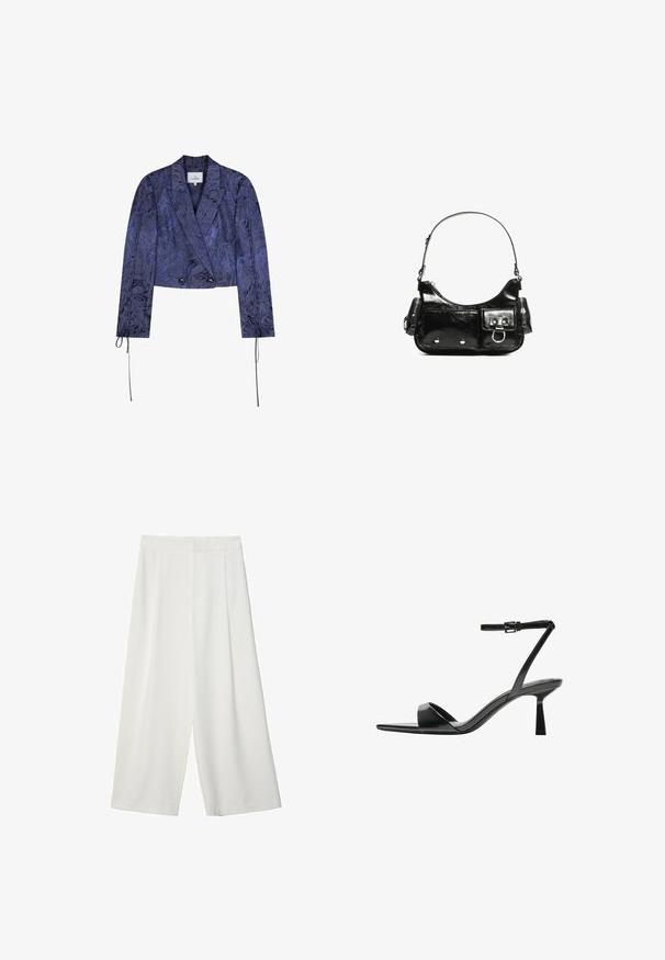 Kort jakke i mørkeblå stof med en struktureret blomsterprint, dobbeltradet design og snøre ved ærmekantene.; Sorte og hvide langærmede t-shirts med rund hals, blødt stof og en tætsiddende design med lige kant.; Hvide, brede cropped bukser med en glat overflade, der har en flad front og ingen synlige lukninger eller lommer.; Bershka Højhælede sandaletter / Højhælede sandaler - black; Sort patenteret læder håndtaske med en buet form, en skulderrem, frontlommer og hardware accenter i sølvfarve.