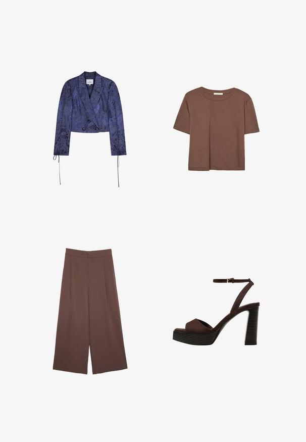 Ge cropped jack in donkerblauwe stof met een gestructureerd bloemenpatroon, dubbelzijdig ontwerp en strikjes bij de mouwen.; Korte mouwen T-shirt in bruin, gemaakt van een zachte stof, met een ronde halslijn en een relaxte pasvorm. Geen zichtbare patronen of accenten.; Bruine wijde broek met een gladde textuur, voorzien van een hoge taille en plooien aan de voorkant. De stof is lichtgewicht en valt losjes.; Bruine suède high-heeled sandaal met een open teen, verstelbare enkelband en een gestreepte plateauzool.