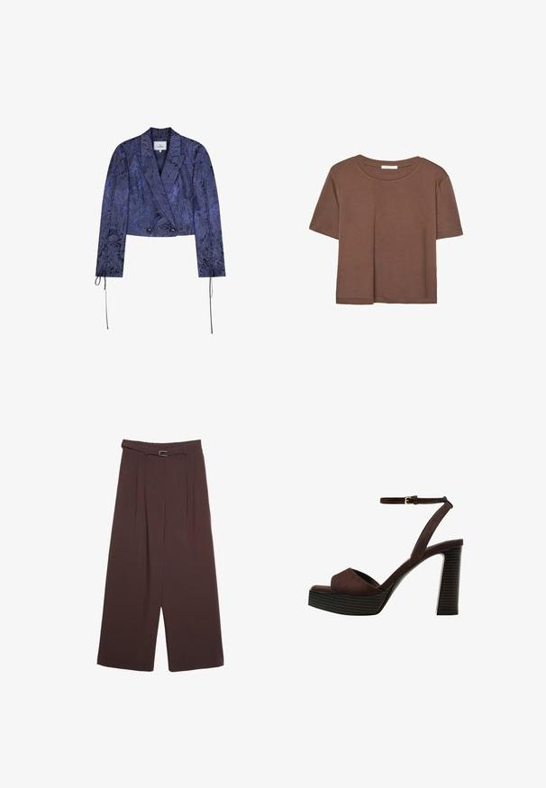 Ge cropped jack in donkerblauwe stof met een gestructureerd bloemenpatroon, dubbelzijdig ontwerp en strikjes bij de mouwen.; Korte mouwen T-shirt in bruin, gemaakt van een zachte stof, met een ronde halslijn en een relaxte pasvorm. Geen zichtbare patronen of accenten.; Stradivarius WIDE-LEG WITH BUCKLE DETAIL - Broek - dark brown; Bruine suède high-heeled sandaal met een open teen, verstelbare enkelband en een gestreepte plateauzool.