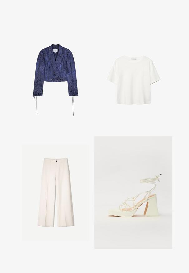Cropped jacket in dark blue fabric with a textured floral pattern, double-breasted design, and ties at the sleeve cuffs.; White short-sleeve t-shirt made of cotton. Features a crew neckline and a relaxed fit. Smooth texture with no visible patterns or accents.; Cream wide-leg trousers with a tailored design, featuring two front pockets and a single front button closure, made from smooth fabric.; White high-heeled sandal with a chunky heel, featuring a strappy design and ankle tie. Smooth texture with a platform front for added height.