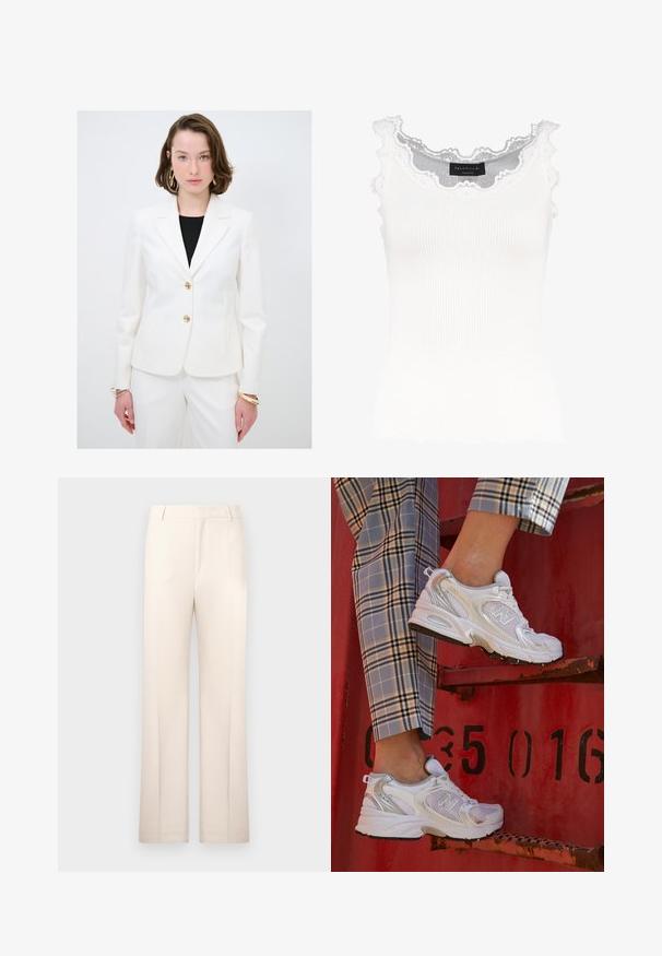 Blazer blanco ajustado con un diseño de un solo botón, detalles en dorado y solapas con muesca, combinado con pantalones ajustados blancos a juego.; Top de tirantes blanco de canalé con encaje en el escote y las mangas. Presenta una textura suave y una forma ajustada. Etiqueta de la marca visible en el interior.; Pantalones tailored beige con un diseño de pierna recta, hechos de tela ligera. Presentan pliegues en la parte delantera y una cintura clásica.; Zapatillas de malla blancas con detalles plateados y una suela texturizada, situadas sobre una superficie roja, acompañadas de pantalones a cuadros.