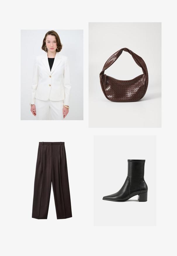Bílý saka na míru s jednobarevným designem, zlatými knoflíkovými akcenty a klopenými límci, spárované s bílými kalhotami na míru v odpovídajícím stylu.; Bílé bezrukávové tílko se čtvercovým výstřihem, hladkou texturou a přiléhavým střihem. Vyrobeno z lehkého materiálu.; Široké kalhoty z tmavě hnědé tkaniny. Mezi vlastnostmi naleznete záhyby v přední části, pas se sponami na opasek a boční kapsy. Hladká textura.; Černé kožené kotníkové boty s hladkým povrchem, špičatou špičkou, blokovým podpatkem a výrazným vyvýšeným šitím na horním okraji.; Hnědá tkaná kožená taška s prohnutou, uzlovou rukojetí a zipovým uzávěrem. Hladký povrch a zaoblený tvar.