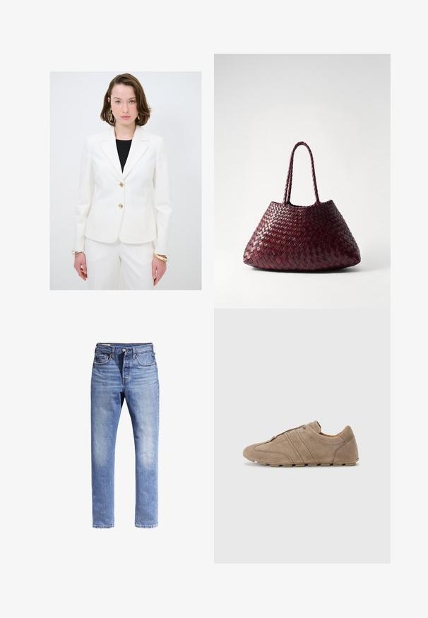 Blazer bianco su misura con design a un bottone, dettagli in bottone dorato e rever a punta, abbinato a pantaloni bianchi su misura coordinati.; T-shirt bianca a maniche corte e scollo rotondo con vestibilità slim, esposta piatta su uno sfondo bianco.; Jeans in denim azzurro chiaro con design a gamba dritta, cinque tasche e cuciture a contrasto. Il tessuto appare leggermente consunto.; Scarpe in suede beige a profilo basso, con linee cucite e una superficie testurizzata, completate da suole in gomma antiscivolo.; DRAGON DIFFUSION SANTA CROCE BIG - Borsa a mano - bordo