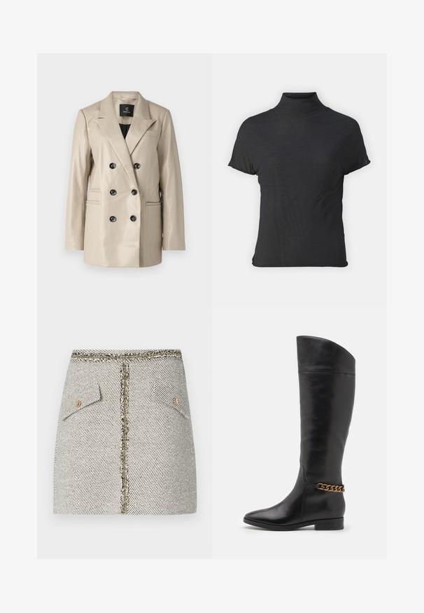 Vaalean beige kaksirivinen puku takki, jossa on satiinipinta, mustat napit, lovet kauluksessa ja kaksi sivutaskua. Sujuva rakenne ja istuva malli.; Musta lyhythihainen turtleneck-paita, joka on valmistettu kevyestä kankaasta, jossa on sileä rakenne ja tiukka muotoilu, ja siinä on korkea kaulus.; Kudottu tweed-hame valkoisen ja mustan herringbone-kuvion kanssa, jossa on kaksi etutaskua ja kultasävyinen vetoketju takana, jossa on kuluneet reunat.; Pitkiä mustista nahkasaappaista, joissa on tyylikäs muotoilu, terävä kärki ja kultaketjuakseli nilkassa. Matala lohko korko. Sujuva pinta.