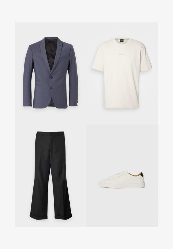 Hallharjane ülikonnajakk, millel on ühe nööbiga disain, kaks nööpi, lõikega krae ja kolme nööbiga mansetid. Sile kangas, kohandatud sobivus.; BOSS TEE - Lihtne T-särk - open white; Mustad laiad püksid nupuga vöökoha ja cuffidega hemmed, esitatud lihtsa valge tausta taustal.; Valge sneaker, millel on sile nahk pealis, ümmargune varvas ja lame tald. Must aktsent kandadel, ton-sümpaatne paeltega ja minimaalne bränding.