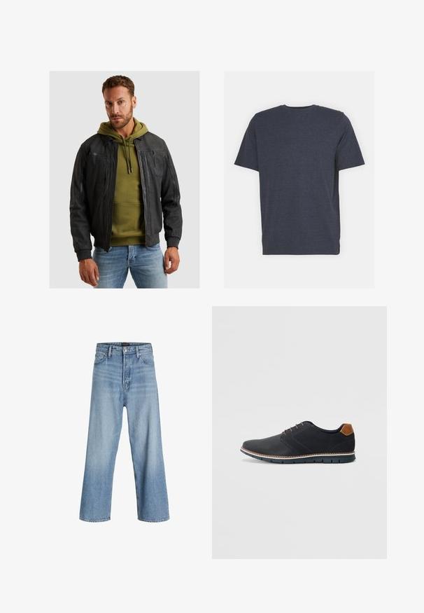 Zwarte leren bomberjack met geribde boorden, ritsluiting en meerdere zakken, laag over een groene hoodie. Getextureerde afwerking.; Navyblauwe crew neck T-shirt van zachte katoenmixstof, met korte mouwen en een normale pasvorm. Geen zichtbare patronen of accenten.; Lichtblauwe wijdvallende jeans van denim, met een hoge taille, klassieke vijf-pocketontwerp en knoopsluiting met ritssluiting.; Zwarte synthetische schoenen met een gestructureerde bovenkant, gladde accenten, bruine hak en een contrasterende zool. Bevat minimale veters en stikdetails.