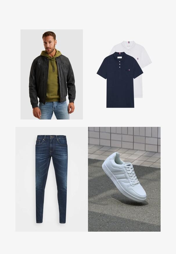 Crna kožna bomber jakna s rebrastim manžetama, zatvaranjem na zip i višestrukim džepovima, složena preko zelene dukserice. Teksturalna završna obrada.; Dva polo majice: jedna tamnoplava i jedna bijela, obje s malim crveno-bijelim-plavim naglaskom na džepu i ovratniku.; Tamno plave traperice uskog kroja, s blagim izbljeđivanjem, pet džepova i metalnim zatvaranjem na dugme. Šivani detalji u kontrastnoj boji.; Bijela atletska tenisica s glatkim kožnim gornjim dijelom, vezanjem sprijeda, perforiranim vrhom i uzorkovanim đonom. Minimalistički dizajn s tri bočne pruge.